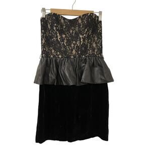 Vintage NWT $410 ABS Allen Schwartz Size 8 Black Lace Leather Peplum Dress